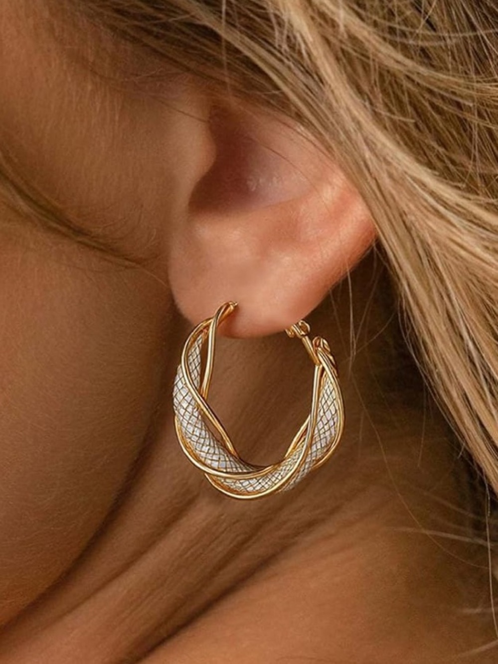 Anthropologie Gold Twisted Lattice Hoop Earrings - Picture 4 of 5